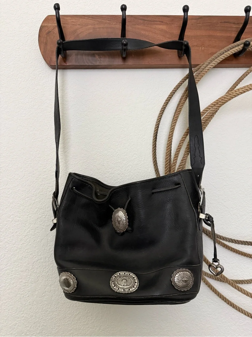 Brighton Black Leather Drawstring Shoulder Bag with Concho Medallions
